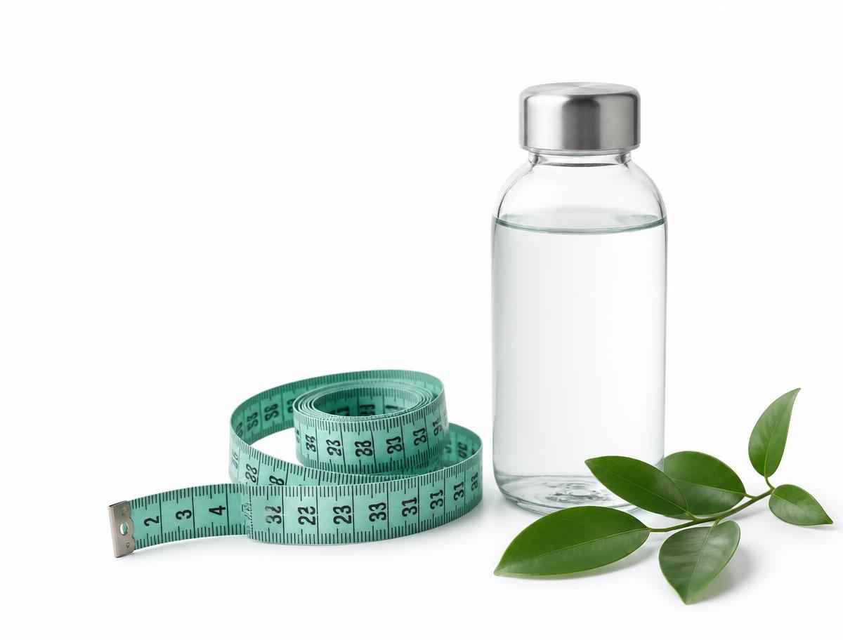 Measuring tape, water vial and green leaves representing medical weight loss